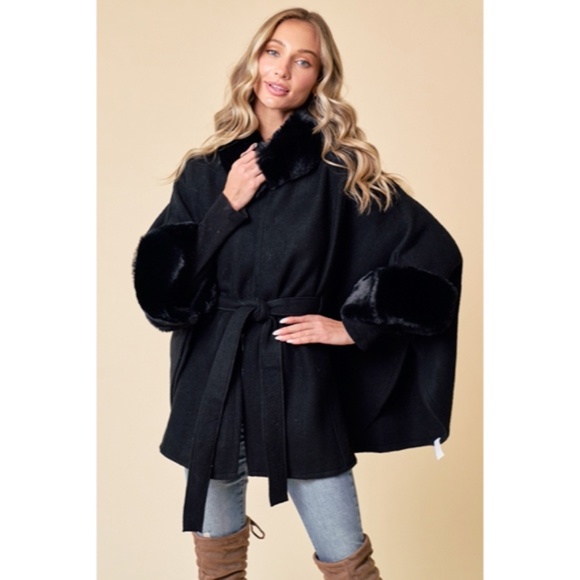 Black Solid Faux Fur Trimmed Soft Fuzzy Poncho Cape Coat Women's Fall Winter - Picture 3 of 6